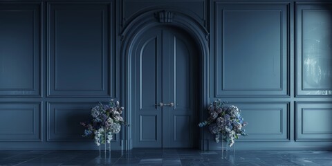 Two vases filled with colorful flowers placed in front of a vibrant blue door