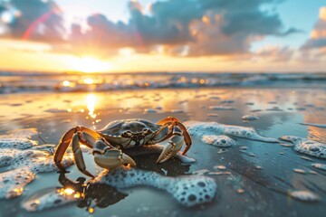 Crabs scuttling on a sandy beach at low tide. Waves and sunrise background.