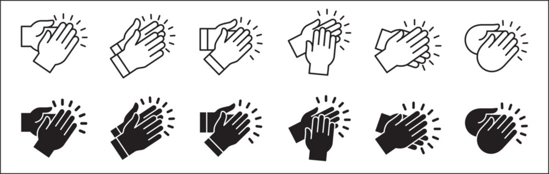 Hand claps icon set symbol of acclamation, compliment, appreciation, ovation, bravo, congratulation. Hand clapping icon. Applause symbol. Sign of applaud in outline graphic design and illustration.