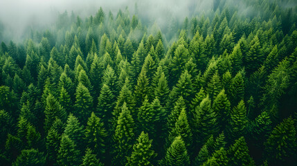 Aerial view of a dense evergreen forest shrouded in fog, showcasing a diverse mix of terrestrial plants such as spruce, fir, shrubs, and grass