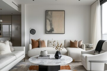 Fototapeta premium Contemporary Living Room Featuring Stylish Minimalist Furniture and Abstract Art