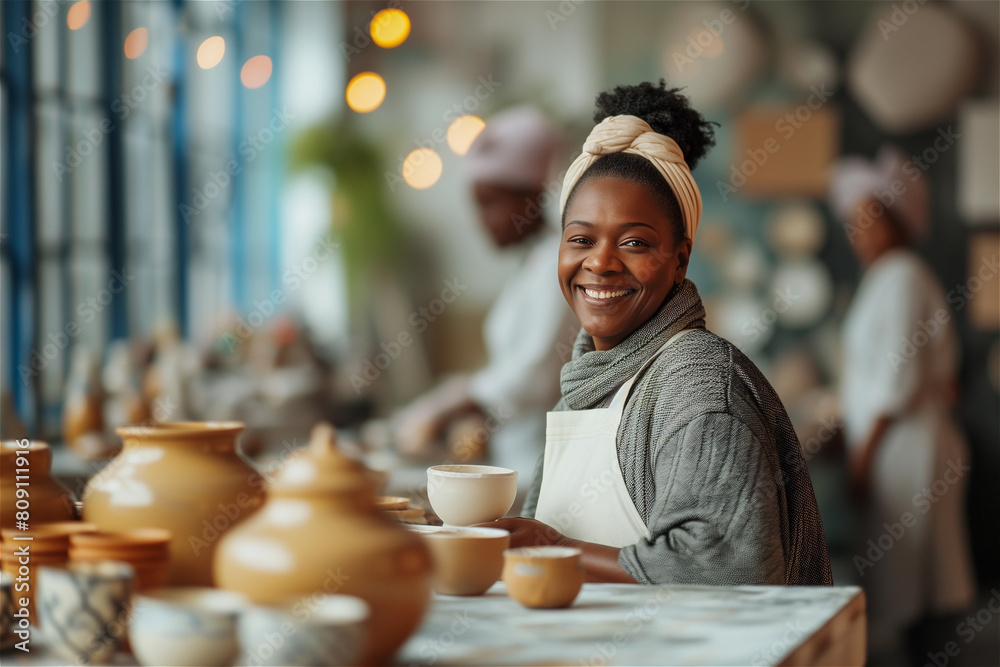 Wall mural Senior black woman at pottery studio makes ceramic from clay. African american old retired at craft workshop lifestyle. Active elderly female hobby