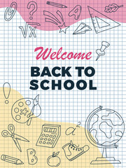 Welcome Back to school. Doodle on checkered paper background. Social media post template design. Educational services. For school banner, poster,  postcard, card, discount flyers