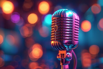 A microphone is on a colorful background