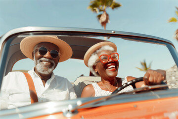 Happy old black senior couple smiling and traveling together. African american woman driving a car. Journey lifestyle. Elderly married family spending some quality time outside