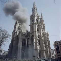 smoke billows from a church tower in a city