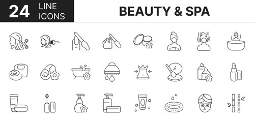 Collection of 24 Beauty & Spa line icons featuring editable strokes. These outline icons depict various modes of Beauty & Spa, Massage Therapy, Natural Beauty