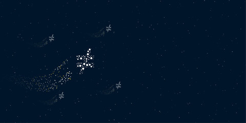 A not equal symbol filled with dots flies through the stars leaving a trail behind. Four small symbols around. Empty space for text on the right. Vector illustration on dark blue background with stars