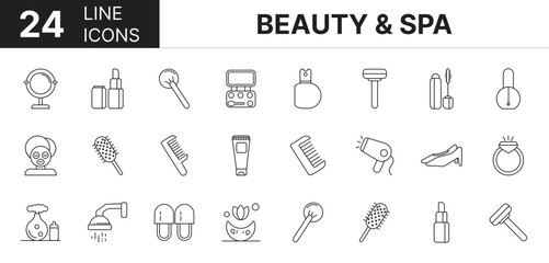 Collection of 24 Beauty & Spa line icons featuring editable strokes. These outline icons depict various modes of Beauty & Spa, cosmetic, makeup mirror, mascara,