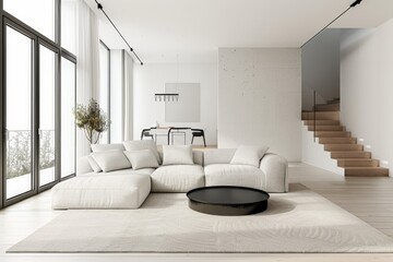 High-End Modern Living Room Featuring Sleek Furniture and Large Windows