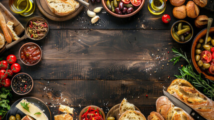 A table with a variety of food items including bread, olives, tomatoes