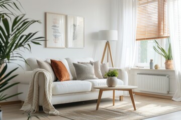 Bright Living Room with a Plush Sofa, Abstract Artwork, and Natural Light