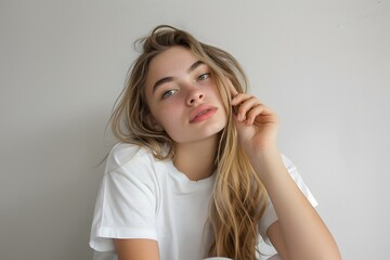 Beautiful woman with closed eyes wearing white t-shirt with clean fresh skin on grey background. Concept of face care, facial treatment, cosmetology, beauty and spa. Women portrait.