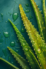 Naklejka premium Aloe vera leaves on a green background. Natural aloe leaf as a cosmetic and medical treatment for skin care, creative design copy space background.
