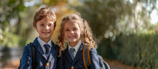 Portrait of two smiling Caucasian children in their uniforms ready to go to school on the first day of school