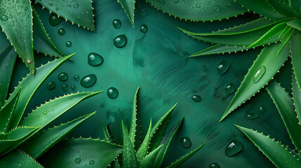 Fototapeta premium Aloe vera leaves on a green background. Natural aloe leaf as a cosmetic and medical treatment for skin care, creative design copy space background.