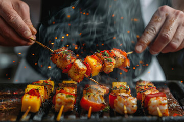 Chef Preparing Spicy Shish Kebabs on Grill with Sizzling Herbs