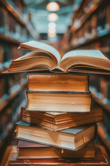 Stack of Open Books in Library Aisle Under Warm Lighting