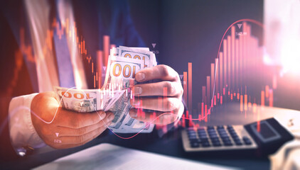 Dollar banknote with decreasing stock market graph chart for symbol of economic recession crisis....
