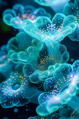 Glowing Bioluminescent Jellyfish in Deep Ocean