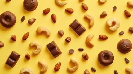 Assorted sweets and nuts on a yellow background