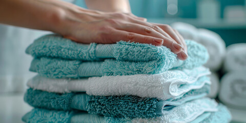 Freshly Laundered Towels Stacked Neatly with Hand Resting on Top