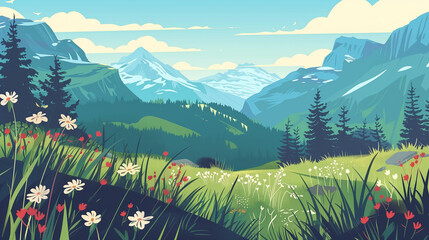 Vector illustration. View of an alpine landscape with meadows and some wild flowers in the foreground. Beautiful summer view of mountains. Forests in the Alps.