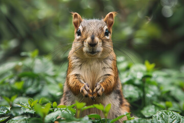 Fototapeta premium Curious Squirrel Peering Through Lush Green Foliage