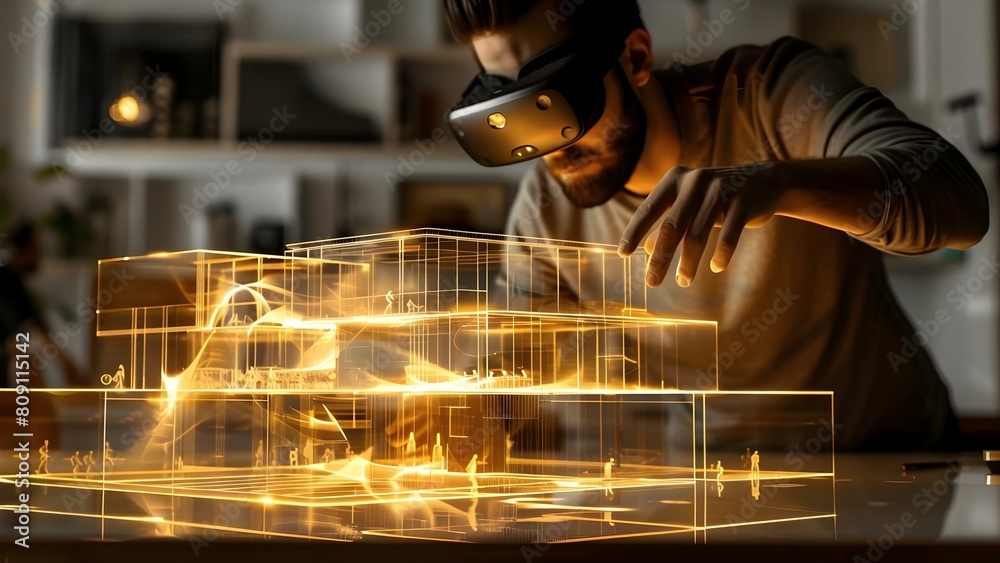 Poster architect uses ar headset to create 3d building model with gestures. concept architecture, augmented