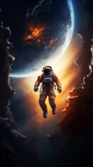 Fototapeta premium An astronaut in an orange suit drifts in space with a planet and fiery nebula in the backdrop. Fantasy futuristic concept