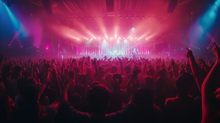 A crowd of people are at a concert, with many of them holding up their hands