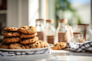 A stack of delicious chocolate chip cookies on a white plate at sunny day time. Homemade bakery...