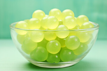 A glass bowl filled with green chewing jelly candies on teal background macro shot. Sweet snack dessert