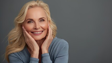 Fototapeta premium Radiant Joy: Blonde Woman in Blue Sweater Smiling