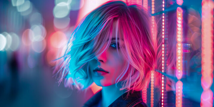 Neon Lights and Modern Woman in Urban Nightlife Setting