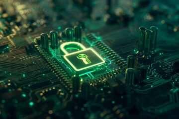 a padlock on a mainboard – symbol for cybersecurity, password protection and secure data exchange, conductor tracks glowing green
