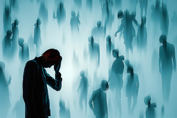 IA Illustration. Representation of disease. subject surrounded by smoky cloud people. Concept social fear, social .Tormented individual person, psychological illnesses. psychology. Blue colours.