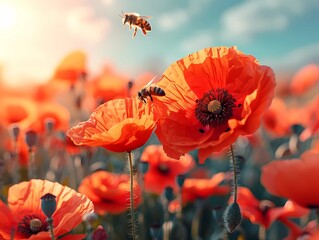 A glade of red poppies and a bee