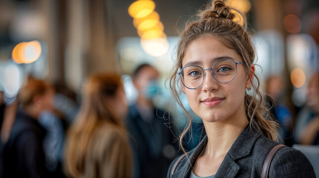 Portrait of a student at a job fair. Choosing a profession and finding an employer.