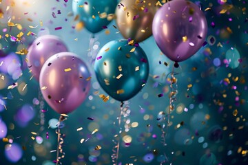 Celebration background with confetti and balloons, background image with  colored balloons floating with ribbons hanging and confetti, AI generated
