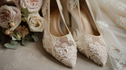 Elegant wedding shoes for brides, dreamy motifs, blur effect in the back