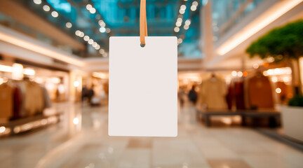 Elegant branding Hangtags White mockup paper frame posters pattern template forms background for letter ready to use display your product, blurred shopping mall, Space for texting customer