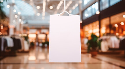 Fototapeta premium Elegant branding Hangtags White mockup paper frame posters pattern template forms background for letter ready to use display your product, blurred shopping mall, Space for texting customer