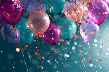 Celebration background with confetti and balloons, background image with  colored balloons floating with ribbons hanging and confetti, AI generated