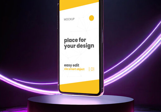 Cellphone in stand on dark background with light color effects mockup 02 Generative Ai