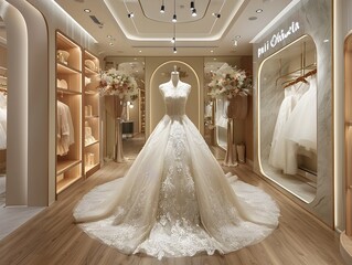 Luxurious Bridal Boutique Fitting Session Showcasing an Exquisite Lace Embellished Wedding Gown