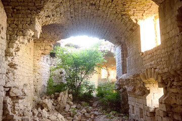 Ruins of Fort Kosmach in Montenegro. Fortress is located near Budva. Old castle was built in Austro-Hungarian Empire as defensive structure and observation post.