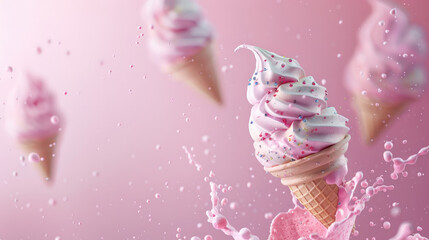 Flying soft Ice Cream in waffle and splashes on pink background
