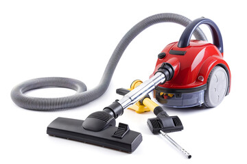 A bagged canister vacuum cleaner with a retractable cord and a variety of attachment tools isolated on a solid white background.