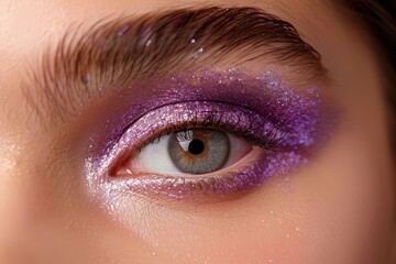 Close-up of grey eye with beautiful purple sparkle makeup for a stunning and glamorous look